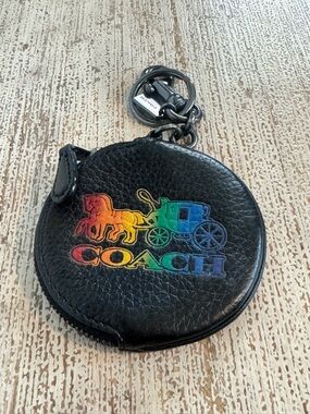 Coach Black Leather Rainbow Coach Logo Coin Pouch Keyring
